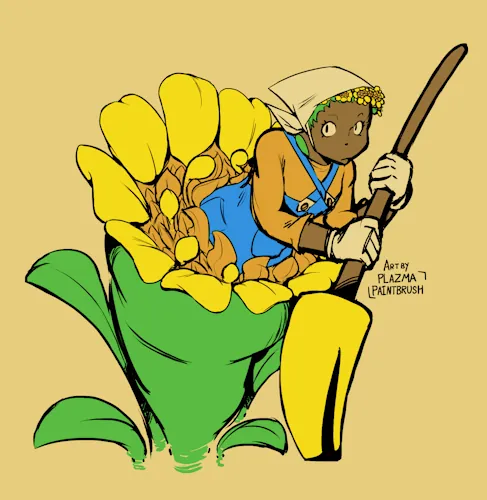 An alraune, a woman whose lower half is a flower, is looking at the viewer, caught off-guard, while holding a hoe. ...Sigh. The tool. Anyway, the flower is a Seaside Goldenrod. She is somehow wearing a blue pair of overalls, which are over an orange long sleeve shirt. A white scarf is on her head, over flowers sprouting where hair would be. A small leaf is coming out the collar. She has white gloves on as well.